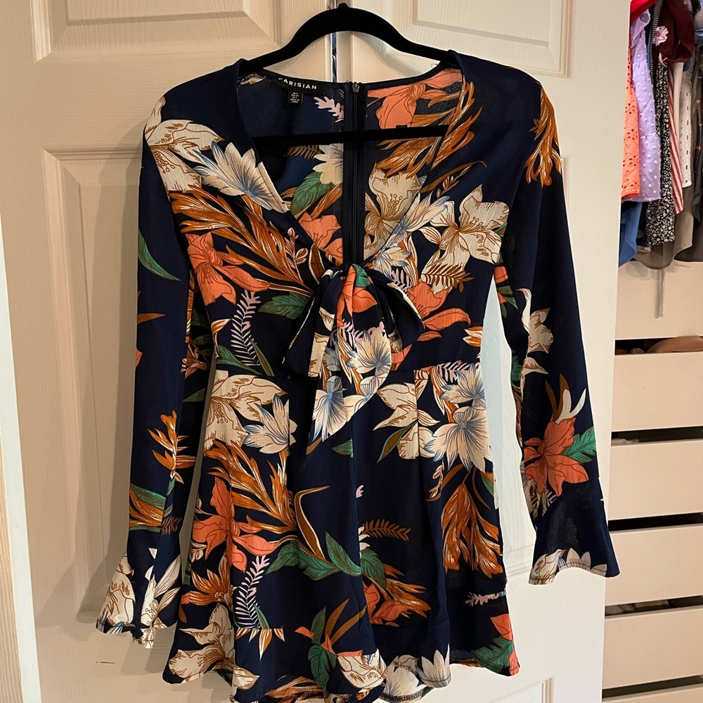 Navy Floral Romper with Tie Front